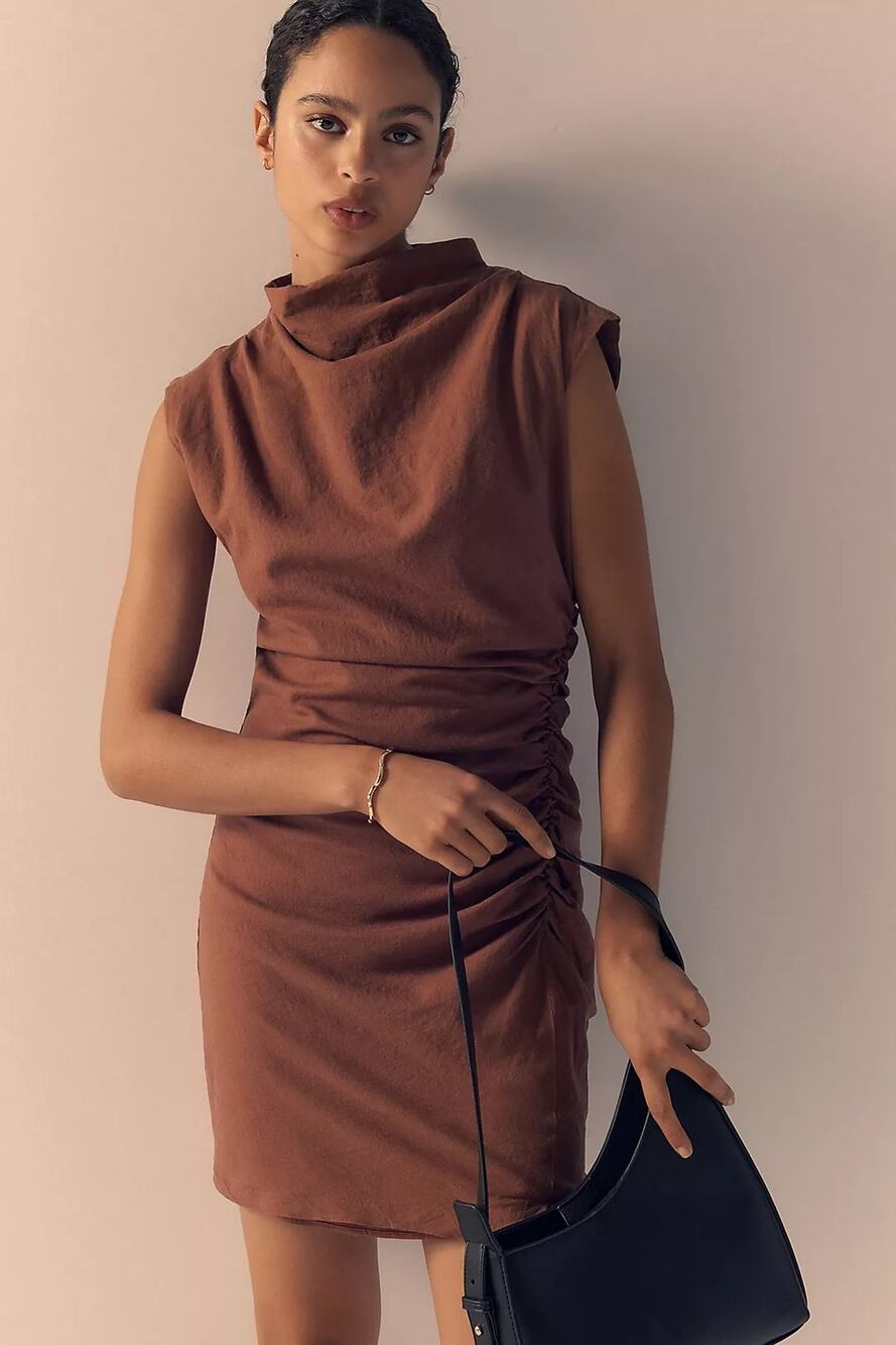 Anthropologie Maya Ruched Cowl Neck Fall Dress Linen Mini Edition Size XL New